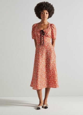 L.K. BENNETT JULIEN RED SILK DRESS / floral puff sleeve floaty hem dresses / vintage inspired fashion - flipped