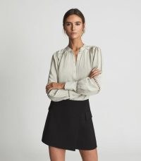 REISS KALISA LADDER EMBROIDERY SATIN BLOUSE PALE GREEN ~ fluid facric blouses