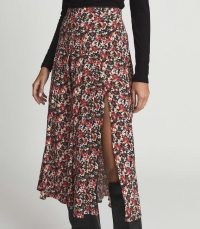 REISS KATIE PRINTED SLIP MIDI SKIRT BLACK PRINT / feminine floral split hem skirts