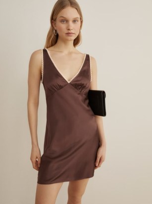 Reformation Keaton Dress in Cafe | brown mini length slip dresses | glamorous minimalist evening look | luxe party fashion | effortless glamour - flipped