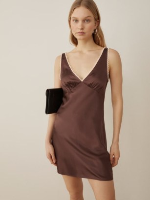 Reformation Keaton Dress in Cafe | brown mini length slip dresses | glamorous minimalist evening look | luxe party fashion | effortless glamour