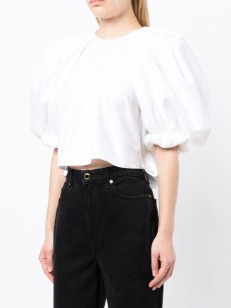 KHAITE cropped puff-sleeve top | white cotton volume sleeved blouses | romantic crop hem tops | voluminous sleeves