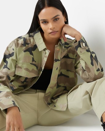RIVER ISLAND KHAKI CAMO DENIM JACKET ~ womens cotton camouflage print jackets ~ women’s on trend fashion 2022 - flipped