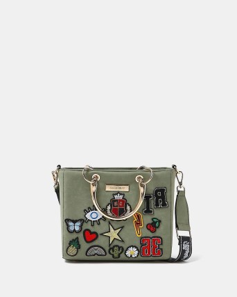 KHAKI RI PATCH DETAIL TOTE BAG / green bags with patches / fashion handbags - flipped