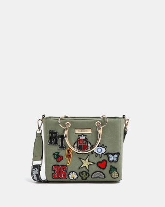 KHAKI RI PATCH DETAIL TOTE BAG / green bags with patches / fashion handbags