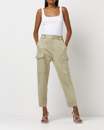 RIVER ISLAND KHAKI UTILITY TAPERED TROUSERS ~ womens pocket detail trousers - flipped
