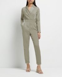 RIVER ISLAND KHAKI WRAP JUMPSUIT ~ green long sleeved belted jumpsuits