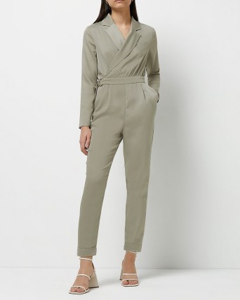 RIVER ISLAND KHAKI WRAP JUMPSUIT ~ green long sleeved belted jumpsuits - flipped