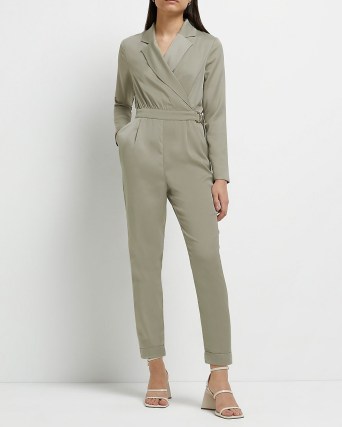 RIVER ISLAND KHAKI WRAP JUMPSUIT ~ green long sleeved belted jumpsuits