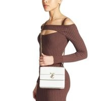 VARENNE QUAD Latte Fine Shiny Calf Leather Shoulder Bag with Light Gold JC Bar | chic square shaped handbags | chain strap crossbody bags