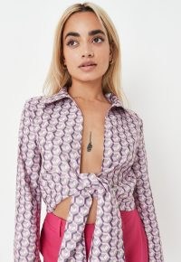 MISSGUIDED lilac printed stretch poplin tie front collar shirt ~ womens geo retro print shirts