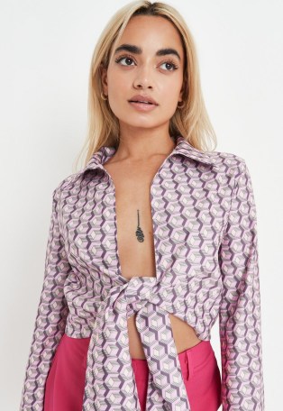 MISSGUIDED lilac printed stretch poplin tie front collar shirt ~ womens geo retro print shirts - flipped