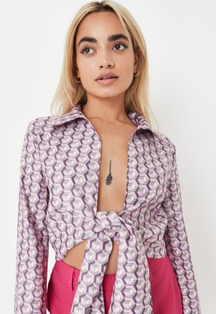 MISSGUIDED lilac printed stretch poplin tie front collar shirt ~ womens geo retro print shirts
