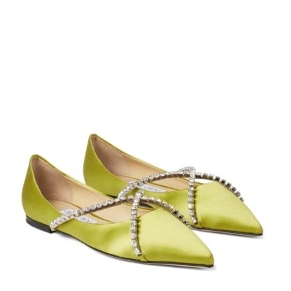 GENEVI FLAT Lime Satin Pointed-Toe Flats with Crystal Chains | luxe green embellished ballet flats | pointy ballerinas - flipped