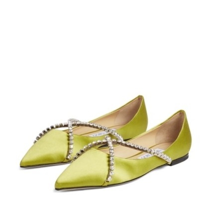 GENEVI FLAT Lime Satin Pointed-Toe Flats with Crystal Chains | luxe green embellished ballet flats | pointy ballerinas