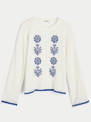 JIGSAW Linen Cotton Embroidered Jumper / floral fine gauge knit jumpers - flipped