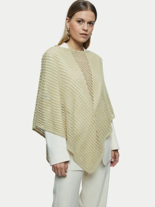 JIGSAW Linen Lace Knitted Poncho Green | chic open knit ponchos - flipped