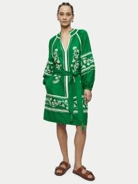 JIGSAW Linen-blend Embroidery Dress / green lightweight kaftan style tie waist dresses / women’s summer fashion