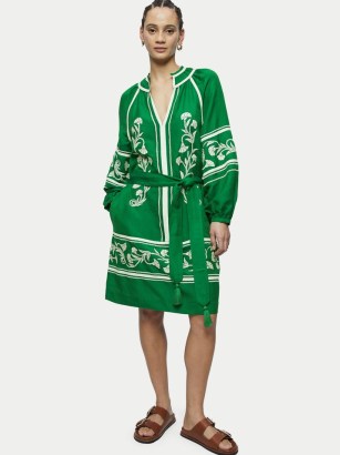 JIGSAW Linen-blend Embroidery Dress / green lightweight kaftan style tie waist dresses / women’s summer fashion
