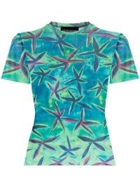 Louisa Ballou starfish-print sheer-design T-shirt blue/green / womens short sleeved printed tee / women’s ocean inspired t-shirts