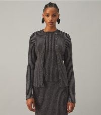 Tory Burch LUREX STRIPE CARDIGAN Black | womens metallic thread cardigans | women’s sparkly knitwear