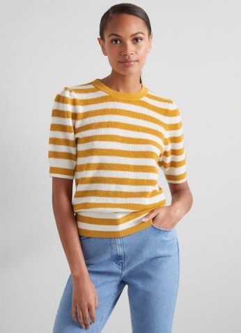 L.K. Bennett MADISON CREAM AND GOLD LUREX STRIPE KNITTED TOP | women’s striped metallic thread tops | sparkly luxe bretton style jumper - flipped