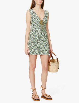 MARYSIA Amagansett Tie floral-print stretch-woven dress in meadow flower print – women’s floral sleeveless plunge front mini dresses