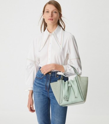 Tory Burch MCGRAW DRAGONFLY Blue Celadon ~ chic drawstring tote bag ~ small luxe handbags ~ soft leather designer bags - flipped