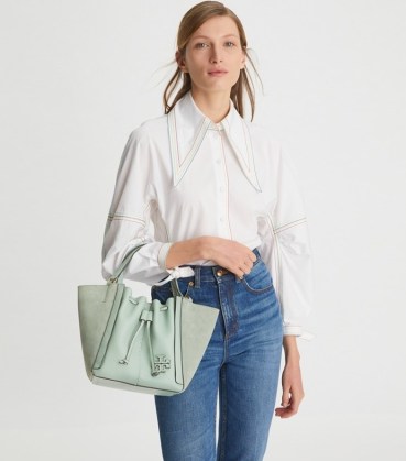 Tory Burch MCGRAW DRAGONFLY Blue Celadon ~ chic drawstring tote bag ~ small luxe handbags ~ soft leather designer bags
