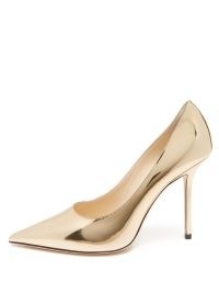 JIMMY CHOO Love 100 gold metallic-leather pumps / shiny luxe pointed toe courts / high shine stiletto heel court shoes