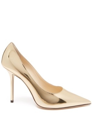 JIMMY CHOO Love 100 gold metallic-leather pumps / shiny luxe pointed toe courts / high shine stiletto heel court shoes - flipped