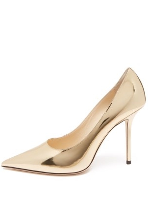 JIMMY CHOO Love 100 gold metallic-leather pumps / shiny luxe pointed toe courts / high shine stiletto heel court shoes
