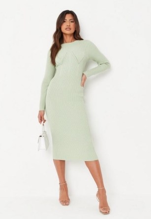 MISSGUIDED mint contrast rib knit midaxi dress ~ light green long sleeved knitted sweater dresses - flipped
