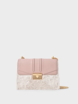CHARLES & KEITH Furry Push-Lock Shoulder Bag / part fluffy faux fur and faux leather crossbody bags - flipped