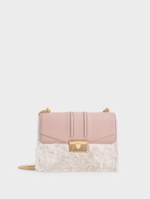 CHARLES & KEITH Furry Push-Lock Shoulder Bag / part fluffy faux fur and faux leather crossbody bags