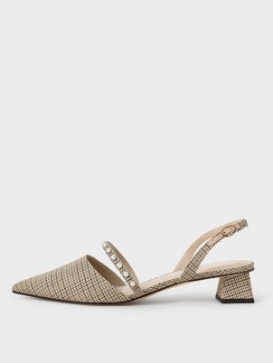 CHARLES & KEITH Houndstooth-Print Beaded Slingback Pumps / pearl embellished check print pointed toe slingbacks
