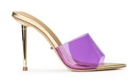 TONY BIANCO Mylo Purple Vinylite/Gold 10.5cm Heels ~ transparent strap mules ~ clear sandals ~ high metal stiletto heel