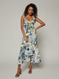 Reformation Nadira Dress in Lucca – floral fitted bodice dresses – tie shoulder strap – bustier style fashion