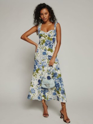 Reformation Nadira Dress in Lucca – floral fitted bodice dresses – tie shoulder strap – bustier style fashion - flipped