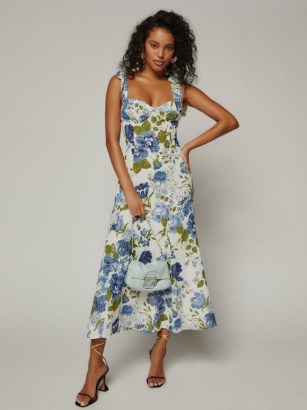 Reformation Nadira Dress in Lucca – floral fitted bodice dresses – tie shoulder strap – bustier style fashion