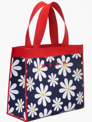 MARNI Daisy-jacquard canvas tote bag – navy blue floral printed shopper bags - flipped