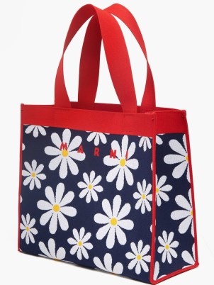MARNI Daisy-jacquard canvas tote bag – navy blue floral printed shopper bags