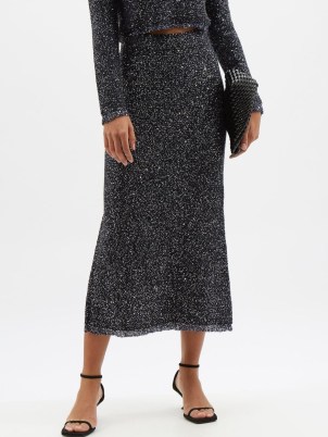 ALTUZARRA Dione sequinned bouclé-knit midi skirt in navy | sparkling sequin covered skirts | luxe knitwear fashion | glamorous evening event fashion - flipped