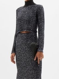 ALTUZARRA Melitta cropped sequinned bouclé-knit sweater in navy | luxe dark blue knitted crop tops | glittering evening event fashion