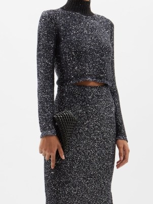 ALTUZARRA Melitta cropped sequinned bouclé-knit sweater in navy | luxe dark blue knitted crop tops | glittering evening event fashion - flipped
