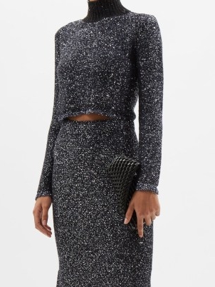 ALTUZARRA Melitta cropped sequinned bouclé-knit sweater in navy | luxe dark blue knitted crop tops | glittering evening event fashion