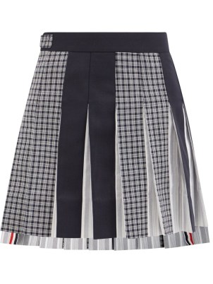 THOM BROWNE Pleated patchwork wool mini skirt – navy blue high-low mixed print skirts – dip hem fashion - flipped