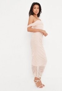 Missguided nude mesh ruched bardot midi dress | light pink off the shoulder sheer overlay dresses | party fashion