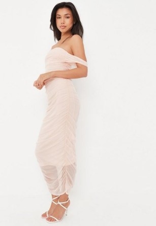 Missguided nude mesh ruched bardot midi dress | light pink off the shoulder sheer overlay dresses | party fashion - flipped