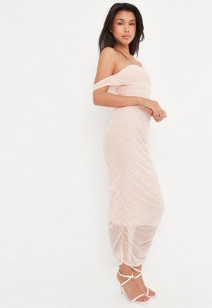 Missguided nude mesh ruched bardot midi dress | light pink off the shoulder sheer overlay dresses | party fashion